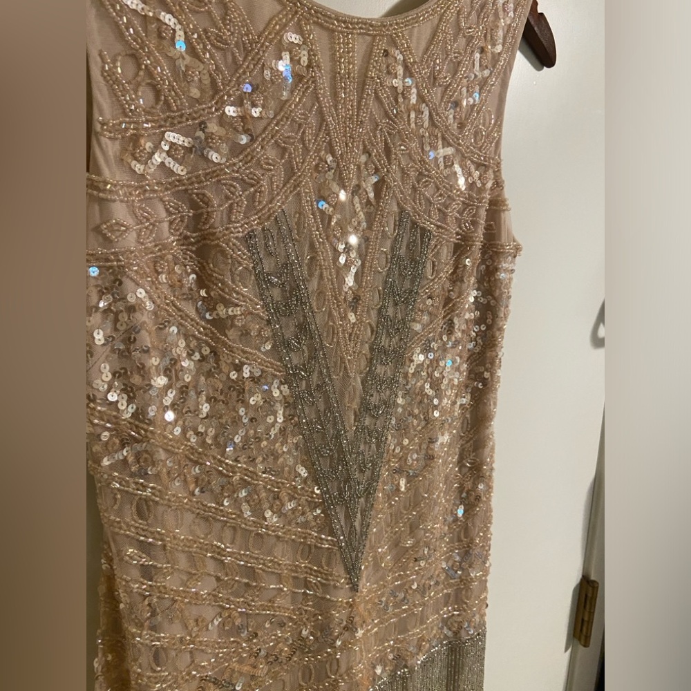 Adrianna Papell Beaded Fringe Cocktail Dress, blush/beige color, sleeveless, sz8 - Picture 5 of 14